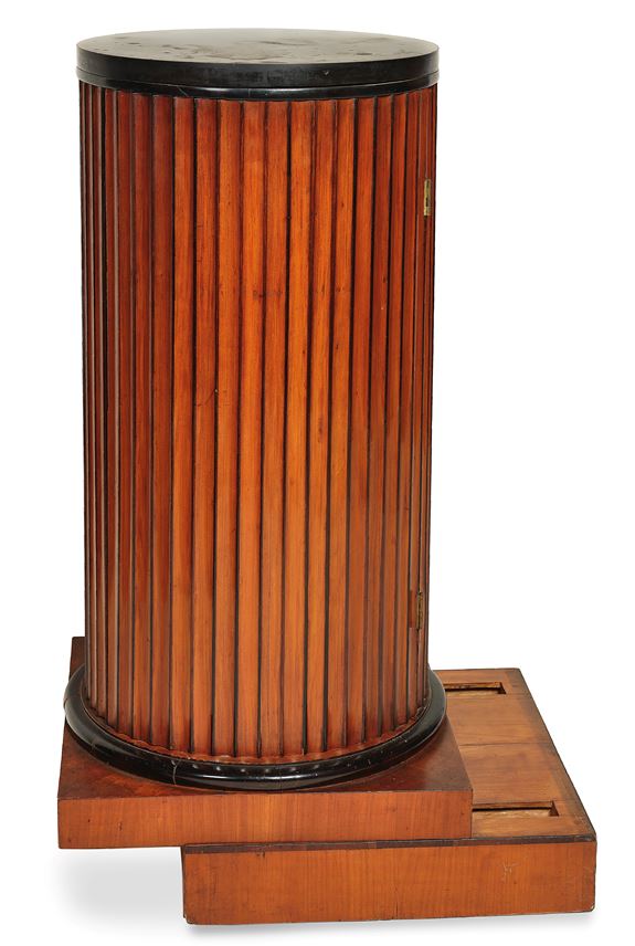 Giuseppe  Borsato - An Italian Neoclassical carved, veneered and ebonized cherry wood cylindrical pedestal cupboard | MasterArt